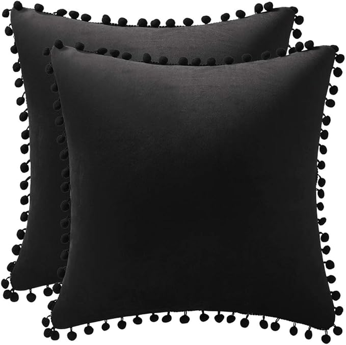 DEZENE Decorative Pillow Covers 22x22 Black: 2 Pack Cozy Soft Pom-poms Velvet Square Throw Pillow Cases for Farmhouse Home Decor
