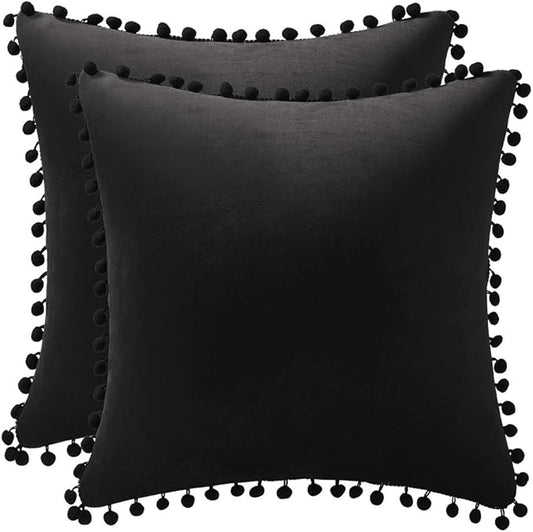 DEZENE Decorative Pillow Covers 20x20 Black: 2 Pack Cozy Soft Pom-poms Velvet Square Throw Pillow Cases for Farmhouse Home Decor