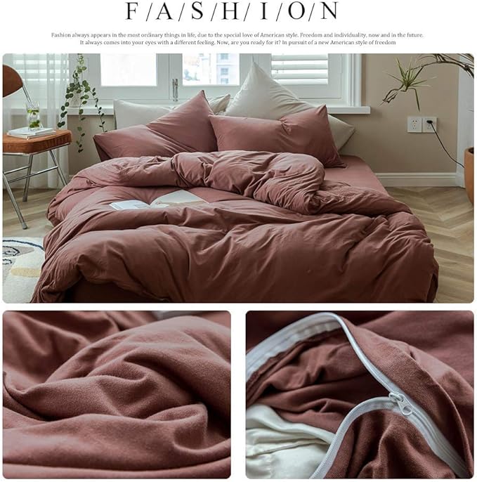 AMWAN Brick Red Duvet Cover Full Size Soft Jersey Knit Cotton Duvet Cover Solid Red Bedding Sets Simple Style Brick Red Comforter Cover 1 Full Duvet Cover with 2 Pillowcases Boho Farmhouse Bed Set