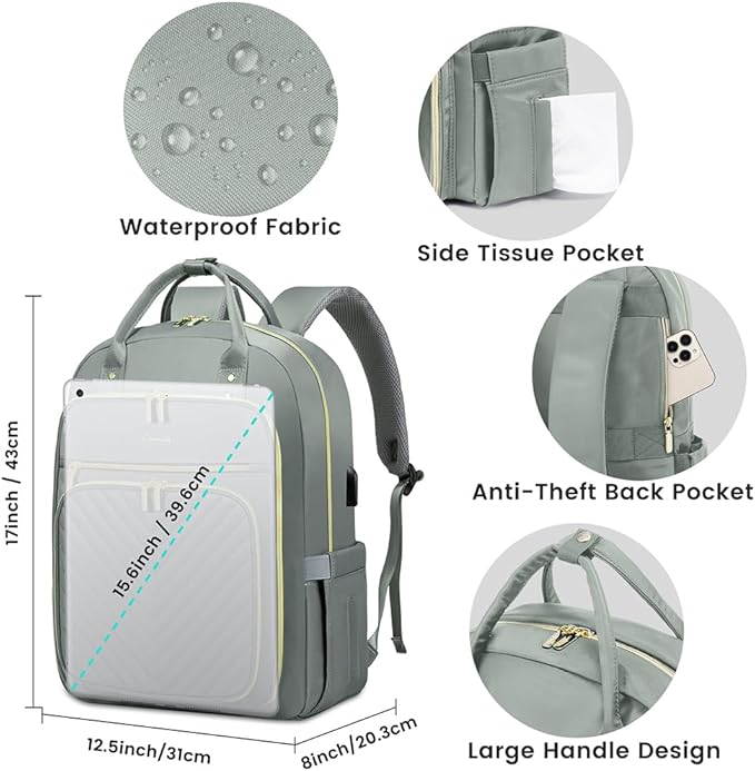 LOVEVOOK Laptop Backpack for Women, Water Resistant Travel Work Backpacks Purse Stylish Business Teacher Nurse Computer Bag with USB Charging Port,Gray-Green