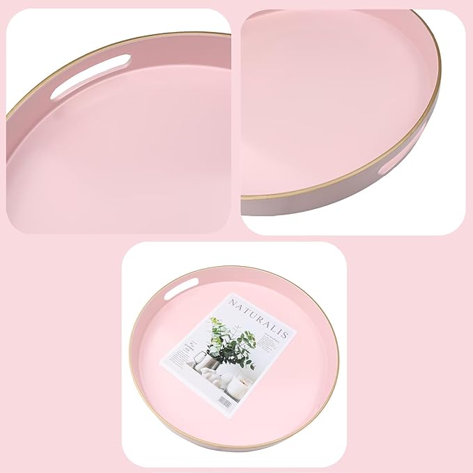 Pink Round Decorative Tray with Handles, 13" Versatile Serving Tray for Coffee Table, Ottoman, Ideal for Serving, Displaying, Organizing