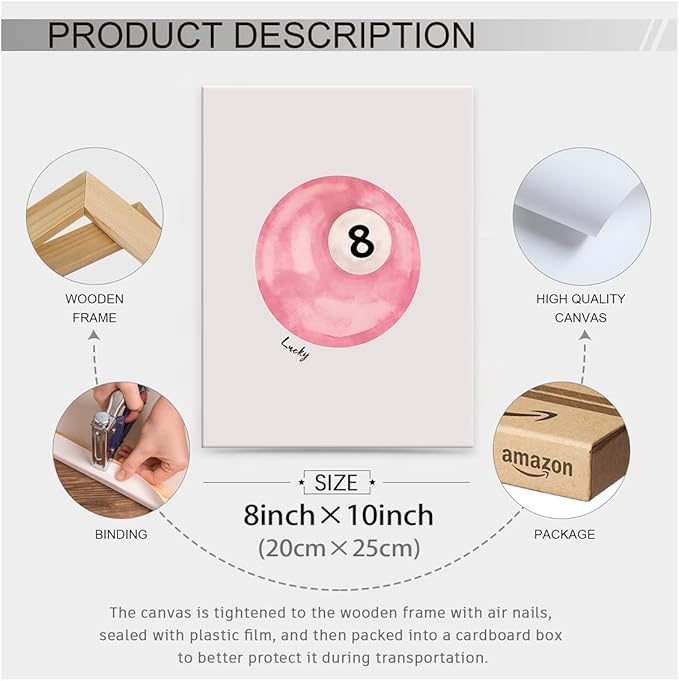 Pink 8 Ball Wall Art Vintage Trendy Preppy Pool Ball Posters Minimalist Retro Light Pink Canvas Prints 08x10 inch Framed Lucky Number Painting for Girly Bedroom Dorm Wall Decor