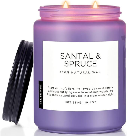 M&SENSE Santal Spruce Coconut Soy Candles for Home Scented, 19.4oz 110 Hour Slow Burning Large Candle Gift for Stress Relief, Meditation, Relaxing SPA, Best Smelling Christmas Gifts