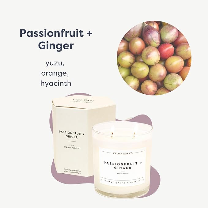 Calyan Wax Co. 3 Wick Candle, Passionfruit + Ginger Scented Candle, 43 Hour Burn Time, 3 Wick Soy Candles, Non Toxic & Vegan Soy Wax, Ceramic Scented Candles, 26oz
