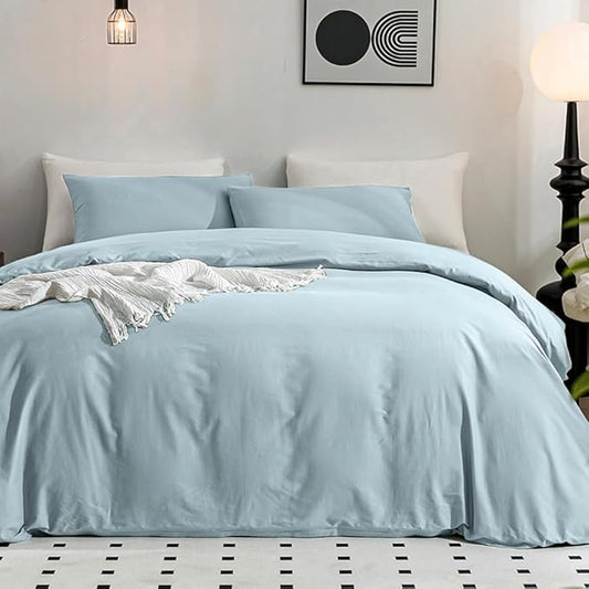 JELLYMONI Cotton Duvet Cover Queen Size - 100% Washed Cotton Linen Feel Textured Comforter Cover, 3 Pieces Breathable Soft Bedding Set with Zipper Closure (Light Blue, 90"x 90")