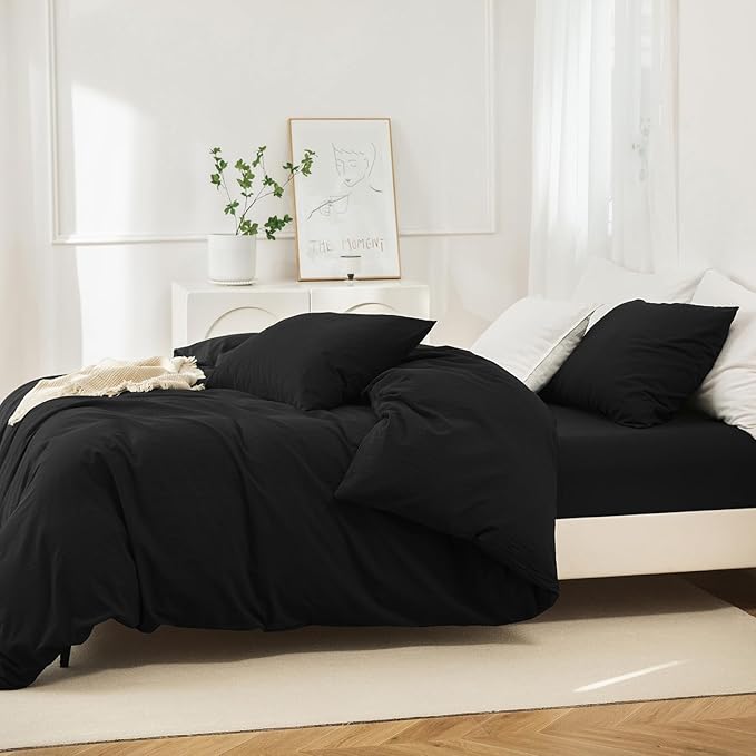JIYUAN 100% Washed Cotton Duvet Cover Set 3 Pieces Cal King, 1 Duvet Cover 104x98 Inches(Comforter Not Included) and 2 Pillowcases,Linen Feel Bedding Set Comfy and Breathable,Black