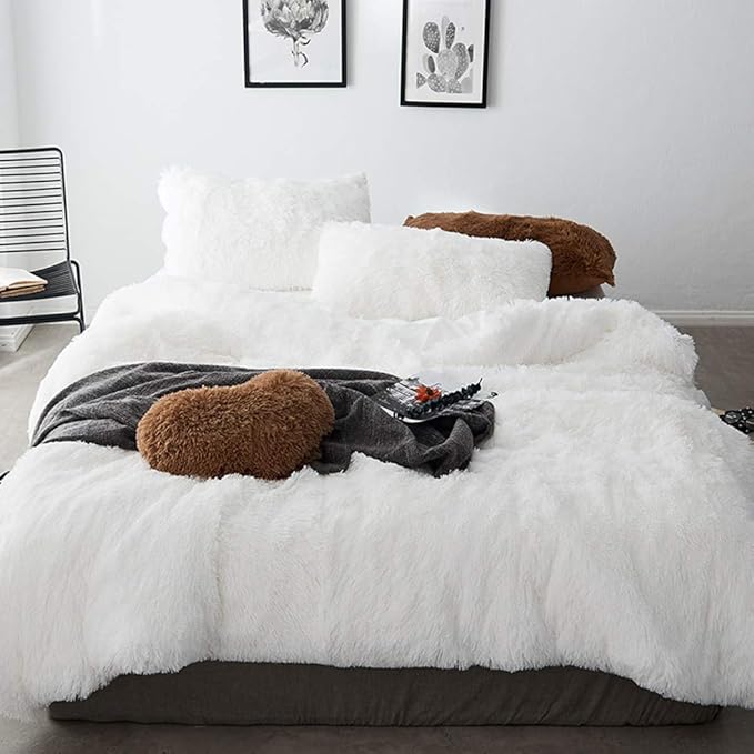 MorroMorn 5 PCS Shaggy Duvet Cover Bedding Set - Long Faux Fur Luxury Ultra Soft (White, Full/Queen)