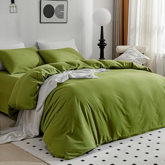 JELLYMONI Cotton Duvet Cover Twin Size - 100% Washed Cotton Linen Feel Textured Comforter Cover, 2 Pieces Breathable Soft Bedding Set with Zipper Closure (Avocado Green, Twin 68"×90")