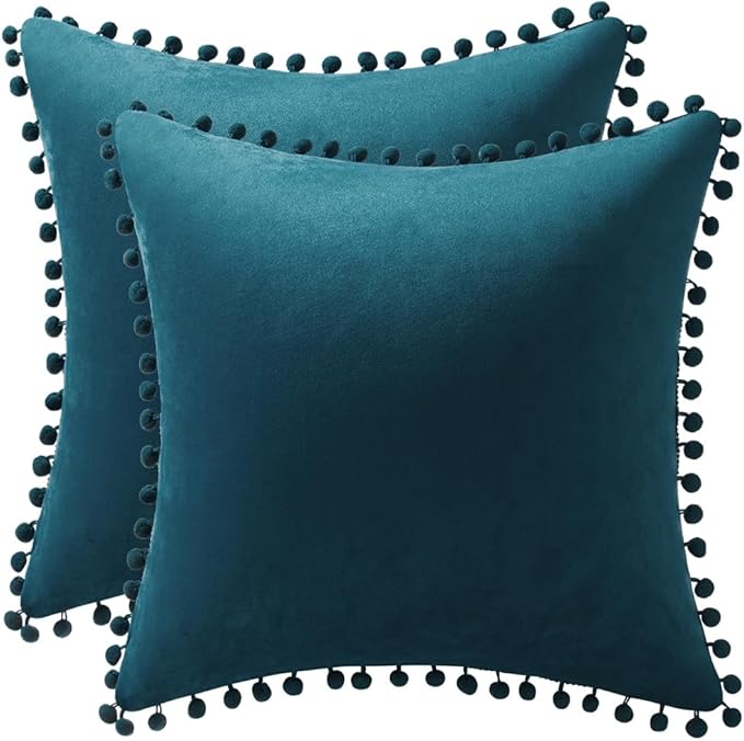 DEZENE Throw Pillow Cases 22x22 Teal: 2 Pack Cozy Soft Pom-poms Velvet Square Decorative Pillow Covers for Farmhouse Home Decor