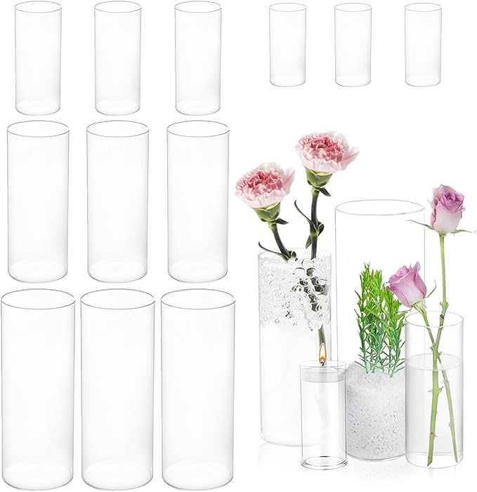 UDU 12 Pack Glass Cylinder Vases for Centerpiece 4,6,8,10 Inch Tall Clear Flower Vase Hurricane Floating Candle Holder for Table Centerpiece Wedding Home Decor