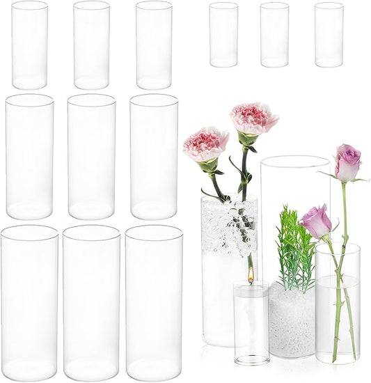 UDU 12 Pack Glass Cylinder Vases for Centerpiece 4,6,8,10 Inch Tall Clear Flower Vase Hurricane Floating Candle Holder for Table Centerpiece Wedding Home Decor