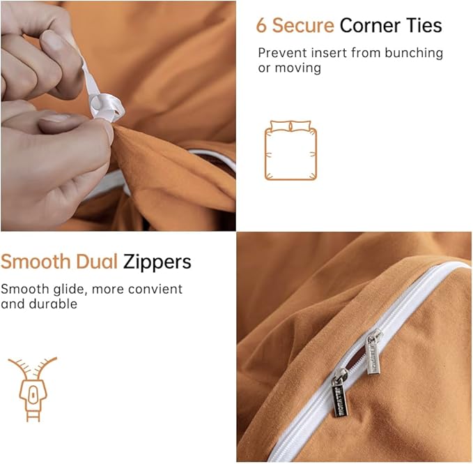 JELLYMONI Cotton Duvet Cover King Size - 100% Washed Cotton Linen Like Textured Comforter Cover, 3 Pieces Breathable Soft Bedding Set with Zipper Closure (Burnt Orange, King 104"x90")