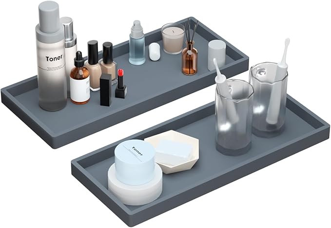 BBK Bathroom Vanity Tray 11.8 in- 2 Pack(Large) Silicone Bathroom Tray for Counter, Perfume Key Trinket Ring Tray, Decor Soap Dispenser Countertop Tray for Kitchen Sink Organization (Gray) (VT2)