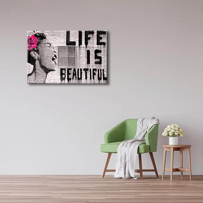 Wieco Art Banksy Life is Beautiful Modern Gallery Wrapped Grey Love Abstract Artwork Paintings Pictures Large Giclee Canvas Prints Wall Art Ready to Hang for Living Room Home Office Decor