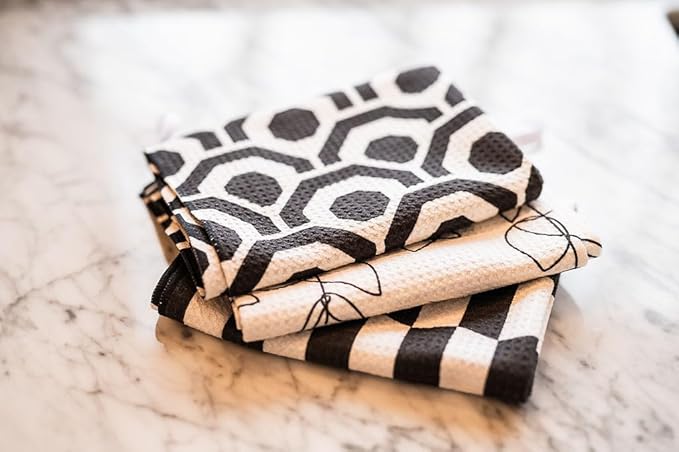 || 3 Pack|| Double Sided || Not Your Ordinary Dish Towels || Waffle Weave Microfiber || Highly Absorbent || Hanging Loop || Dish Cloths || Modern || Designer Prints (Black)