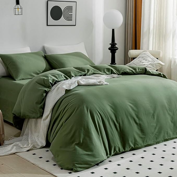 JELLYMONI Cotton Duvet Cover Set - 100% Washed Cotton Linen Like Textured Comforter Cover, 3 Pieces Soft Bedding Set with Zipper Closure (Green, Super King 116"x98")