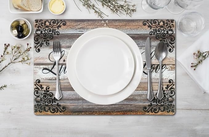 Vinyl Rectangular Placemats Set of 4 - Non Slip Place Mats Ideal for Indoor and Outdoor Dining Table - Washable and Heat Resistant Table Mat for Kitchen Tables (Live Laugh Love)
