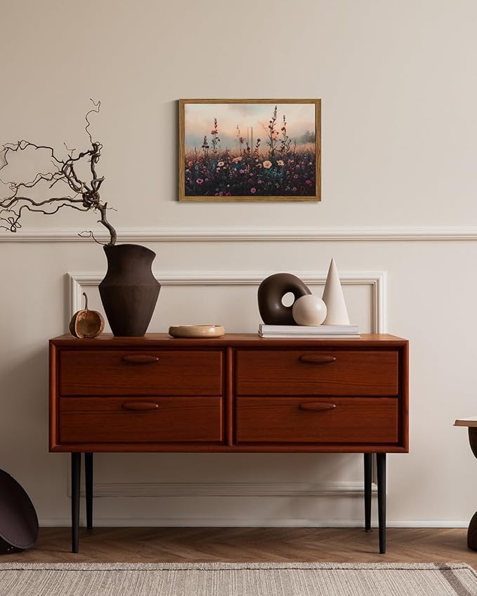 Vintage Flower Wall Art, Dark Floral Wall Decor Painting, Framed 3D Textured Hand Drawn Sandstone Farmhouse Landscape Pictures Artwork for Living Room Bedroom 16x24 inch Wood Frame