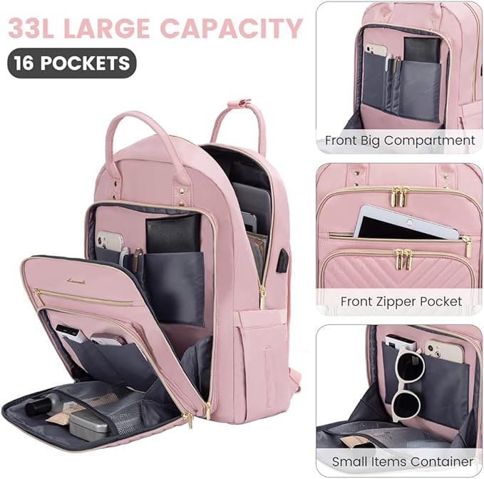 LOVEVOOK Laptop Backpack for Women, Water Resistant Travel Work Backpacks Purse Stylish Business Teacher Nurse Computer Bag with USB Charging Port,Pink