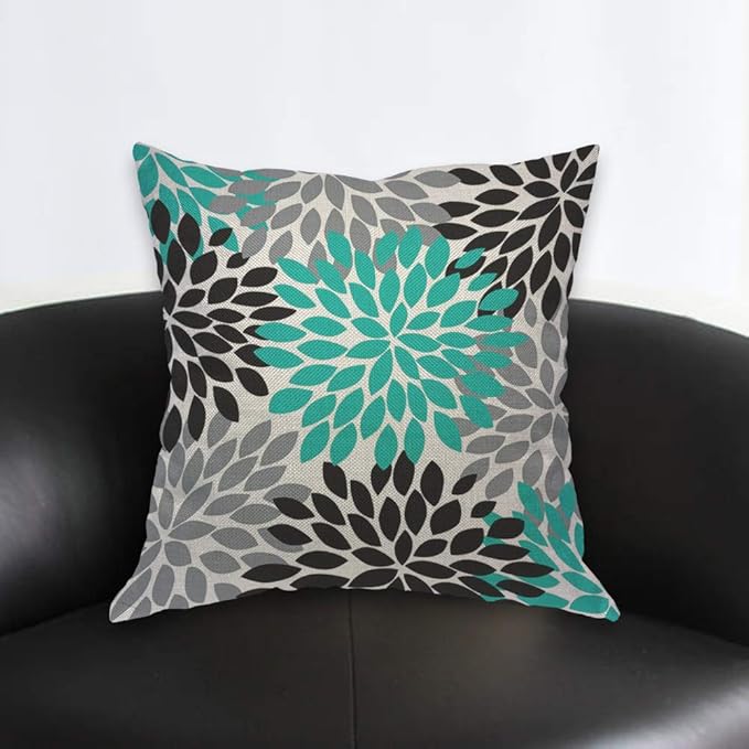 AOYEGO Dahlia Pinnata Floral Throw Pillow Cover Round Circle Elegant Gray Cyan Black Petal Randomly Spot Flower Pillow Case 18x18 Inch Decorative Men Women Room Cushion Cover for Home Couch