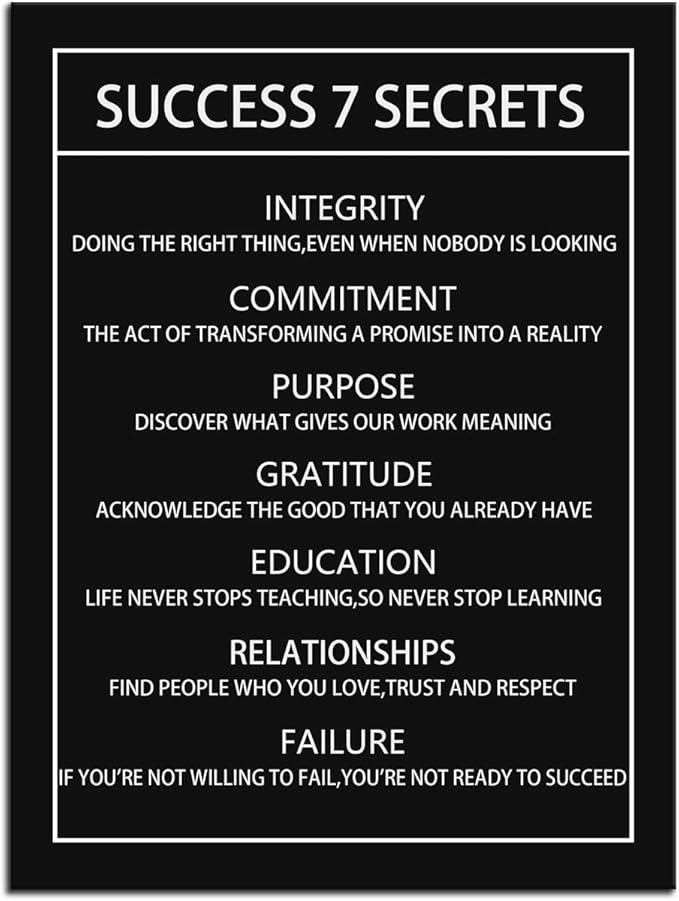 Success 7 Secrets Motivational Canvas Wall Art for Office Inspirational Poster Print Artwork Painting Picture for Framed Home Decoration Living Room Bedroom Ready to Hang [18''W X 24''H]