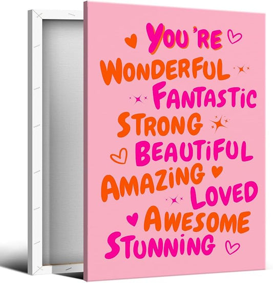 Trendy You Are Amazing You Are Awesome Poster, Funky 70s Pink Orange Aesthetic Canvas Wall Art, Preppy Uplifting Daily Reminder Quotes, Motivational Gifts Picture for Girls 24x36in Wrapped Canvas