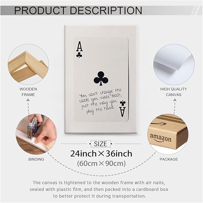 Funky Black and White Lucky Ace Poker Canvas Wall Art Funny Modern Preppy Playing Card Posters 24x36 inch Framed Trendy Minimalist Black Art Prints Painting Retro Aesthetic Wall Decor