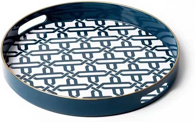 Blue Round Serving Tray with Handles,13" Decorative Ottoman Coffee Table for Perfume,Living Room,Home Decor