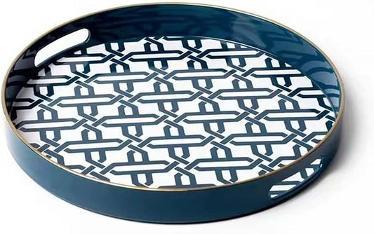 Blue Round Serving Tray with Handles,13" Decorative Ottoman Coffee Table for Perfume,Living Room,Home Decor