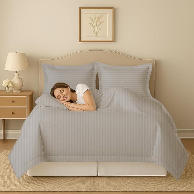 eBeddy Linens Premium Duvet Cover Set 800-TC California King 104x98 Inch Pure Egyptian Cotton Soft 3 Pieces (1 Duvet Cover & 2 Pillow Shams) Zipper Closure & Corner Ties, Silver Grey Striped