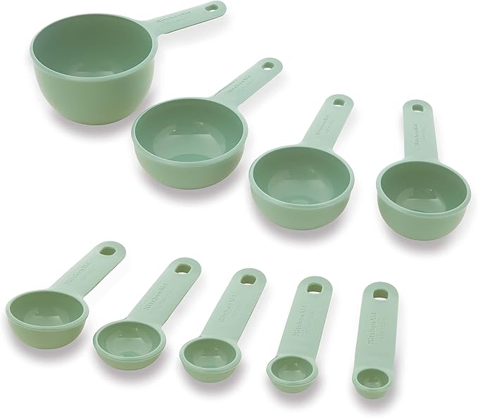 KitchenAid Universal Easy To Read Measuring Cup and Spoon Set with Soft Grip Handle for Maximum Control, Hang Hole and Nesting For Easy Storage, Dishwasher Safe, 9 Piece, Pistachio