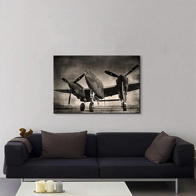 Black and White Twin Engine Airplane Canvas Wall Art - Aviation Decor Propeller Wall Decor - Airplane Art Posters and Gifts for Home - Ready to Hang (28''Hx40''W)