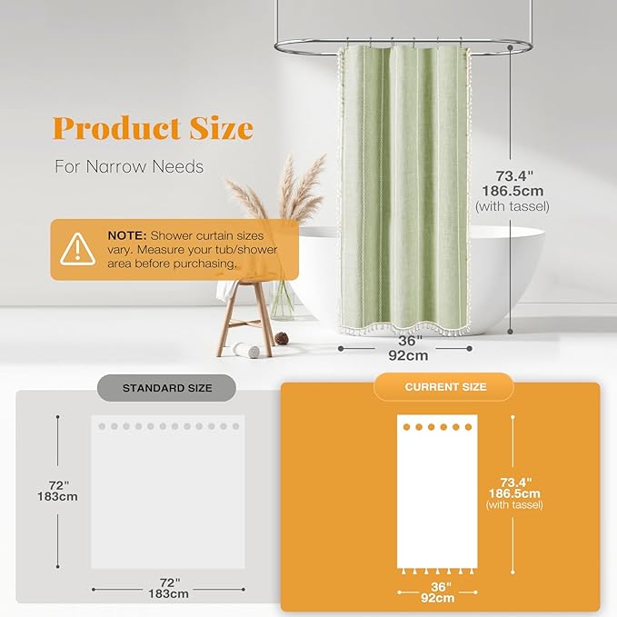 BTTN Stall Shower Curtain - 36x72 Narrow Boho Linen Thick Tassel Fabric Shower Curtain Set with 6 Plastic Hooks, Half Camper Modern Farmhouse French Country Shower Curtains for Bathroom - Sage Green