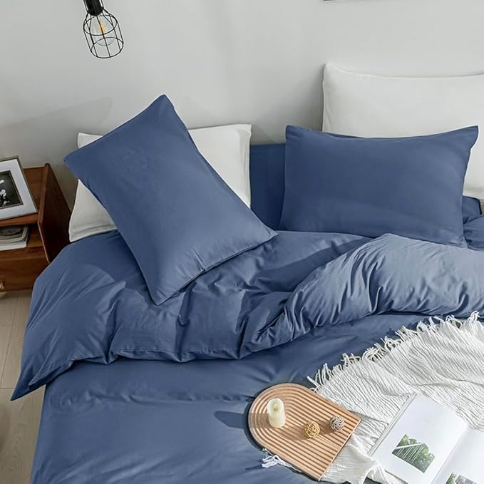JELLYMONI Blue Duvet Cover Full Size - 100% Washed Cotton Linen Like Textured Comforter Cover, 3 Pieces Breathable Soft Bedding Set with Zipper Closure (Blue, Full 80"x90")
