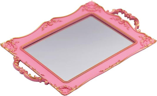 Antique Decorative Pink Framed Square Mirror Tray, Jewelry & Cosmetics Organizer for Dresser, Square - 9.5" x 14.5"(Pink)