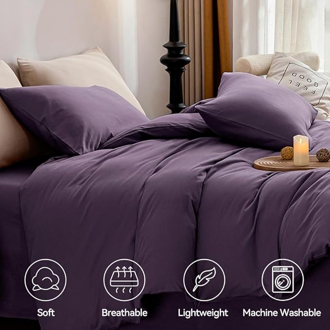 JELLYMONI Purple Duvet Cover King Size - 100% Washed Cotton Linen Like Textured Comforter Cover, 3 Pieces Lightweight Soft Bedding Set with Zipper Closure (Purple, King 104"x90")