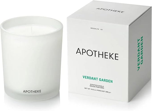 Apotheke Signature Scented Candles for Home, Verdant Garden - 10.5 oz - Soy Wax, Non Toxic, Large Jar White - Luxury Candle Gifts for Women & Men - Cedarwood, Jasmine, Fig, and Coconut