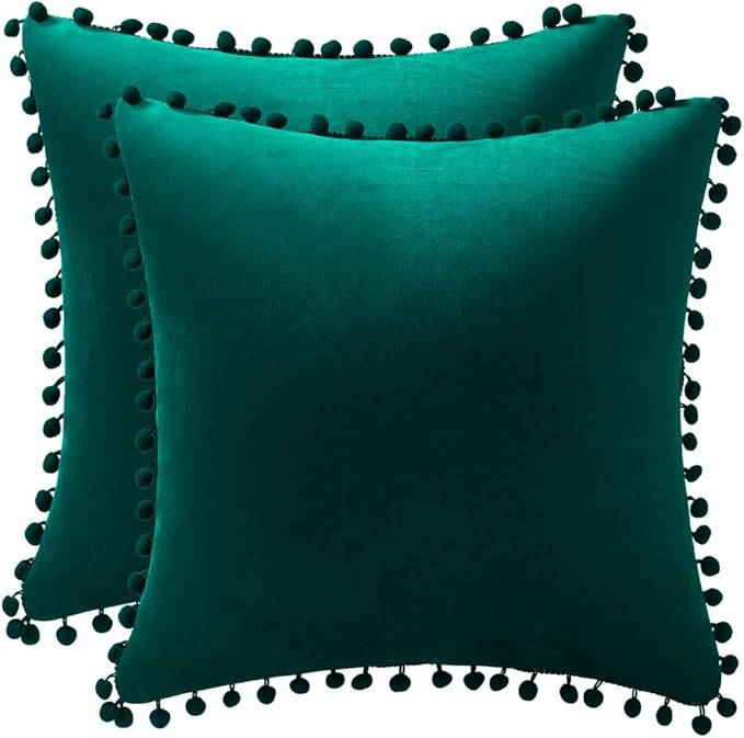 DEZENE Decorative Pillow Covers 20x20 Green: 2 Pack Cozy Soft Pom-poms Velvet Square Throw Pillow Cases for Farmhouse Home Decor