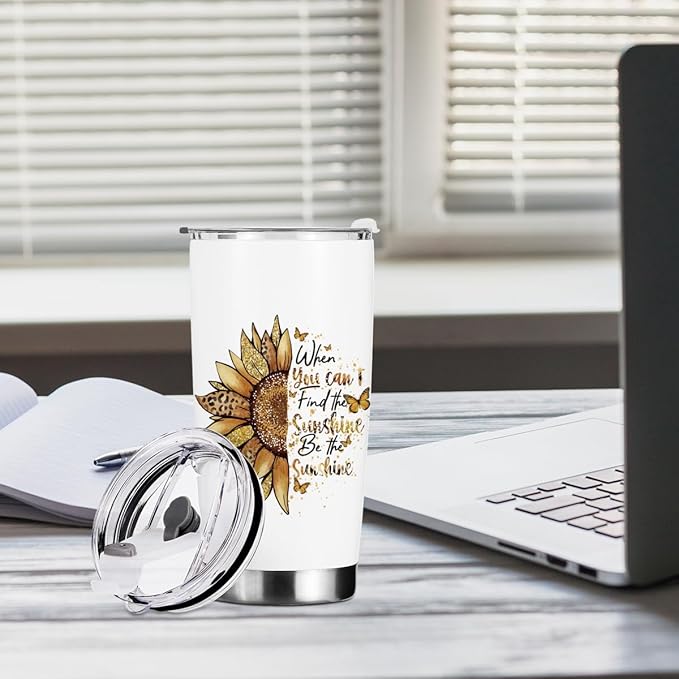 Sunflower Gifts for Women Tumbler, Positive Sunflower Stuff Accessories Birthday Christmas, Inspirational Sunshine Butterfly Coffee Mug Stainless Steel Vacuum Insulated Double Wall Travel Cup，20oz