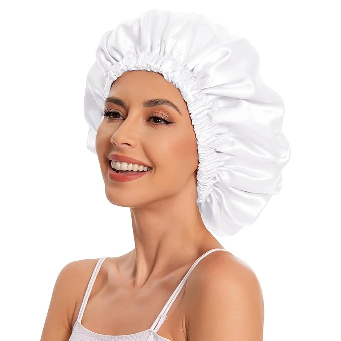 Satin Bonnet Silk Bonnet Hair Bonnet for Sleeping-Slouchy Beanie Hat Satin Sleep Cap for Women's Natural & Curly Hair(New White)