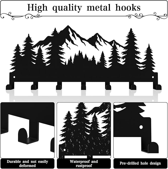 Key Holder Wall Mounted Key Hooks, Black Metal Key Rack Hooks, Grove, Mountain Theme Wall Decoration Hooks, with 7 Hooks, Applicable to Front Doors, Lobby,Corridor, Offices (12 ")