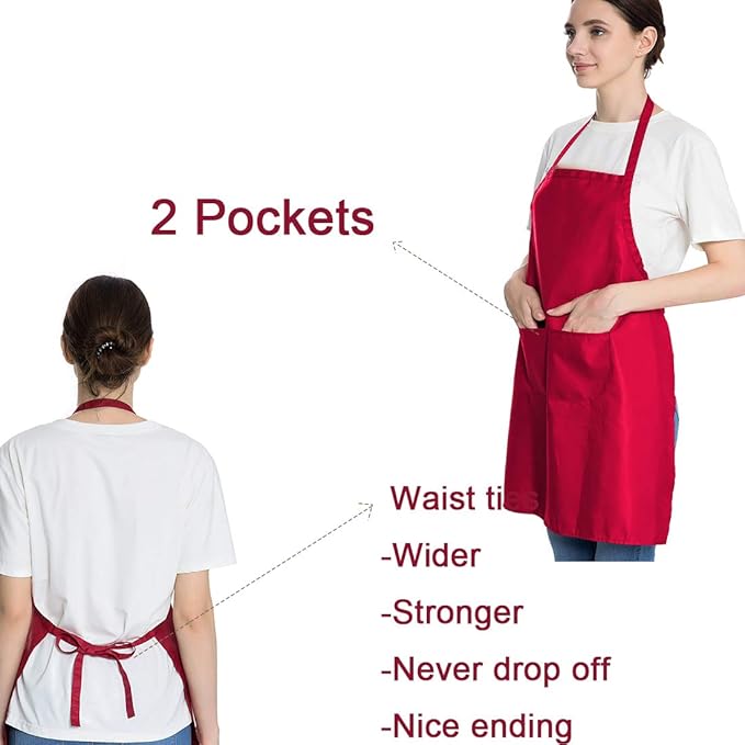Total 6PCS Red Aprons Bulk for Women Unisex Plain Colour Bib Aprons with 2 Front Pockets Washable Apron for Painting Cooking Baking Kitchen Restaurant Crafting
