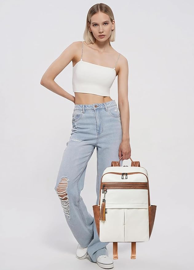 Leather Laptop Backpack for Women, 15.6" Causal Daypack Backpacks Purse Computer Backpack with Laptop Compartment for Travel Work College Business, Beige Brown