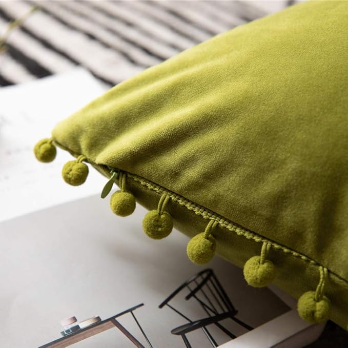 DEZENE Couch Pillow Cases 12x20 Chartreuse: 2 Pack Cozy Soft Pom-poms Velvet Rectangular Throw Pillow Covers for Farmhouse Home Decor