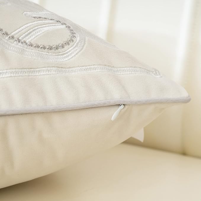 Aeckself European Floral Pillow Cover 18x18 Inch, Luxury Velvet Embroidered Decorative Throw Pillow Cover for Couch Bedroom Living Room, White Silver