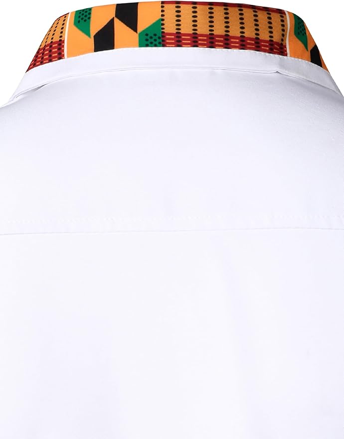 ZEROYAA Men's African Printed Patchwork Design Short Sleeve Button up Shirt