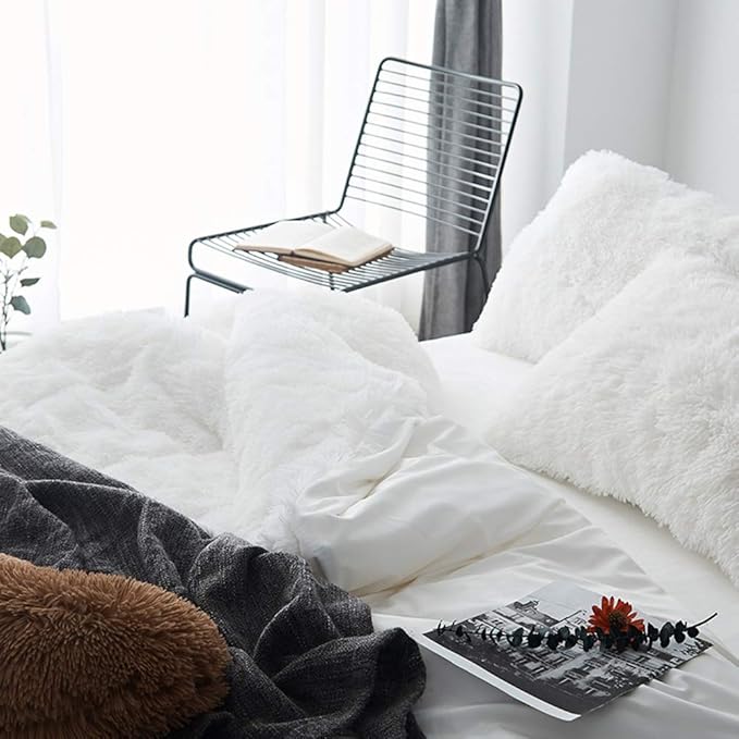 MorroMorn 5 PCS Shaggy Duvet Cover Bedding Set - Long Faux Fur Luxury Ultra Soft Cozy (White, King/California King)