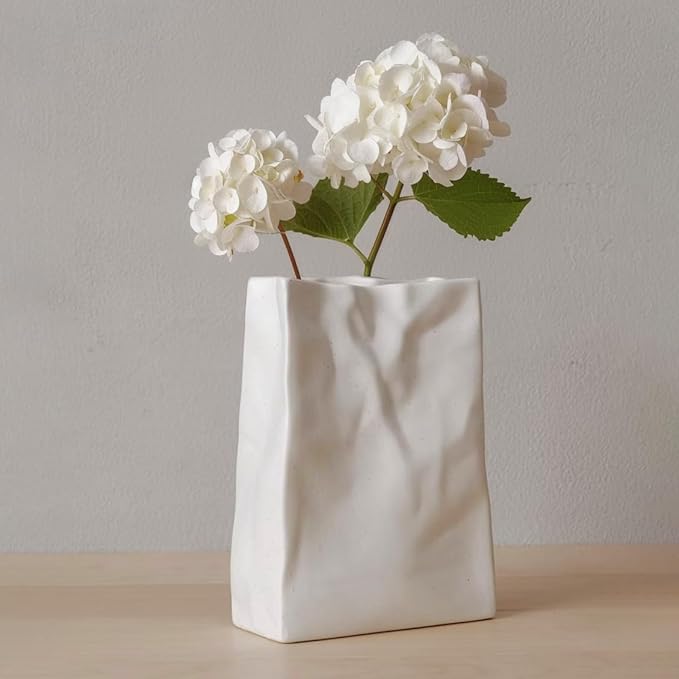 WENSHUO Crinkle Paper Bag Shape Ceramic Vase, Large Capacity for Flower Arrangement, Bookshelf Decorative (Nacre White)