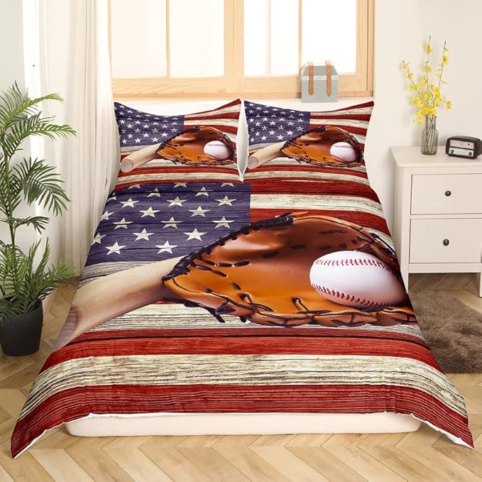 Feelyou Baseball Sports Duvet Cover Set for Kids Boys Girls America Flag Comforter Cover Retro Wooden Bedding Set 1 Duvet Cover & 1 Pillowcase