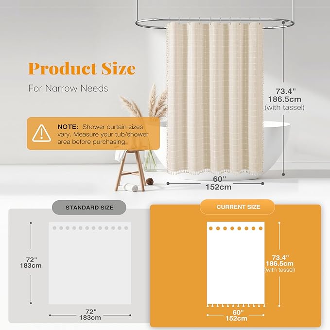 BTTN 60 Inch Stall Shower Curtain - Boho Farmhouse Linen Weighted Fabric Shower Curtain Set with 10 Plastic Hooks, Narrow Bohemian Country Decorative Shower Curtains for Bathroom - 60x72 - Cream/Beige